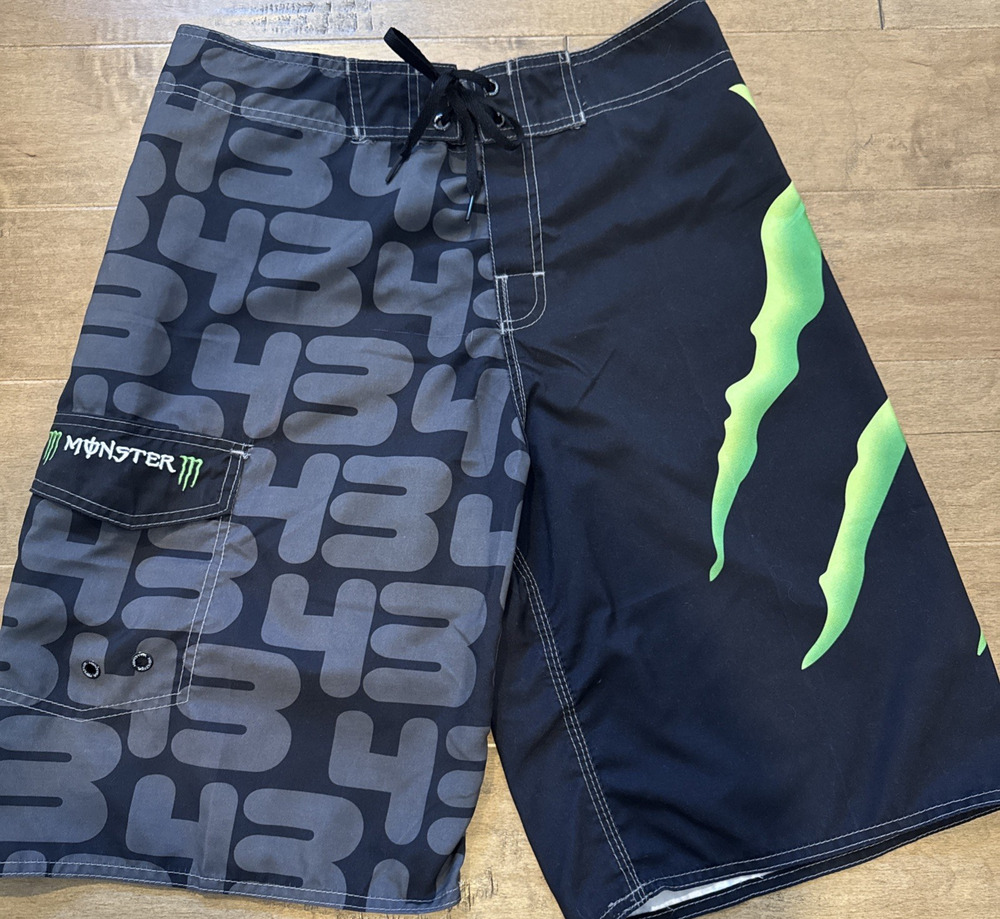 Monster Energy Board Shorts Mens 32 Black Green Claw Logo Split Graphic Y2K Swim